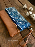 Fold Over Clutch - Stamped Aztec with Vegan Leather - Detachable Wristlet