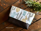 Cactus in Desert Sand with Vegan Leather - Large Make Up Bag / Diaper Clutch / Bridesmaid Gift