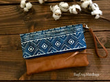 Fold Over Clutch - Stamped Aztec with Vegan Leather - Detachable Wristlet