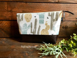 Cactus in Desert Sand with Vegan Leather - Large Make Up Bag / Diaper Clutch / Bridesmaid Gift
