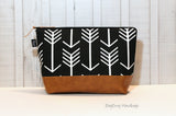 Black Arrows with Vegan Leather - Large Make Up Bag / Diaper Clutch / Bridesmaid Gift