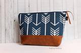 Navy Arrows with Vegan Leather - Large Make Up Bag / Diaper Clutch / Bridesmaid Gift