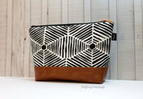 Heni Aztec In Black with Vegan Leather - Large Make Up Bag / Diaper Clutch / Bridesmaid Gift