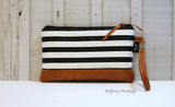 Black and White Stripe with Vegan Leather - Zippered Wristlet Clutch /  Bridesmaid Gift- Accessory Make Up Bag -