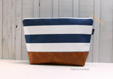 Navy Stripe with Vegan Leather - Large Make Up Bag / Diaper Clutch / Bridesmaid Gift