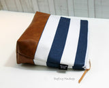 Navy Stripe with Vegan Leather - Large Make Up Bag / Diaper Clutch / Bridesmaid Gift