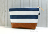 Navy Stripe with Vegan Leather - Large Make Up Bag / Diaper Clutch / Bridesmaid Gift