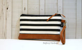 Black and White Stripe with Vegan Leather - Zippered Wristlet Clutch /  Bridesmaid Gift- Accessory Make Up Bag -