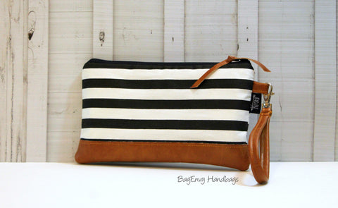 Black and White Stripe with Vegan Leather - Zippered Wristlet Clutch /  Bridesmaid Gift- Accessory Make Up Bag -