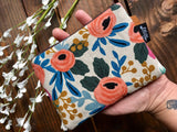 SALE - Coral Floral in Linen with Vegan Leather and Key Clip - Zippered Clutch /  Coin Pouch / Change Purse