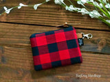 SALE - Buffalo Plaid with Vegan Leather and Key Clip - Zippered Clutch /  Coin Pouch / Change Purse