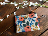 SALE - Coral Floral in Linen with Vegan Leather and Key Clip - Zippered Clutch /  Coin Pouch / Change Purse