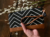 Black Skinny Chevron with Vegan Leather - Zippered Wristlet Clutch /  Bridesmaid Gift- Accessory Make Up Bag -