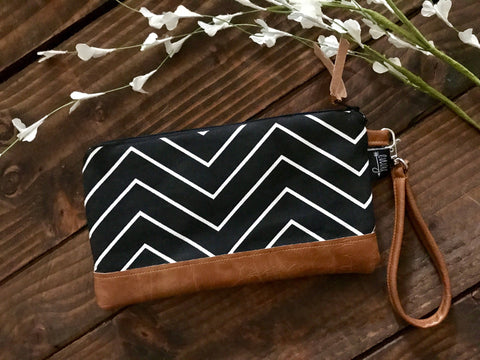 Black Skinny Chevron with Vegan Leather - Zippered Wristlet Clutch /  Bridesmaid Gift- Accessory Make Up Bag -