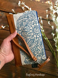 Mandala Paisley in Navy with Vegan Leather - Zippered Wristlet Clutch /  Bridesmaid Gift- Accessory Make Up Bag -