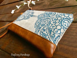 Mandala Paisley in Navy with Vegan Leather - Zippered Wristlet Clutch /  Bridesmaid Gift- Accessory Make Up Bag -