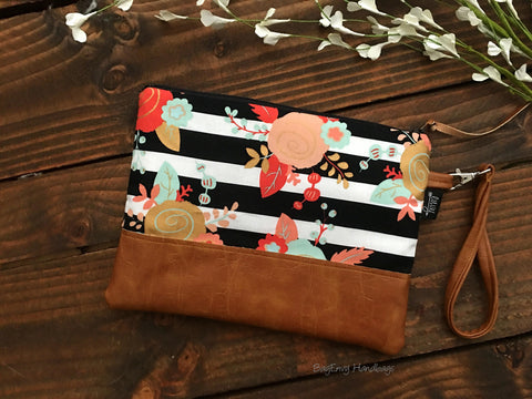 Grab N Go Wristlet Clutch - Floral Stripe with Vegan Leather