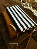 Fold Over Clutch - Skinny Black Stripe with Vegan Leather - Detachable Wristlet