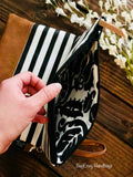 Fold Over Clutch - Skinny Black Stripe with Vegan Leather - Detachable Wristlet