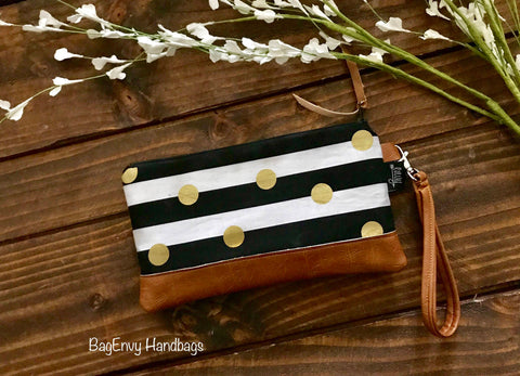 Gold Polka Dotted Stripe with Vegan Leather - Zippered Wristlet Clutch /  Bridesmaid Gift- Accessory Make Up Bag -