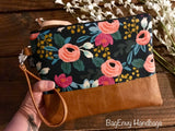 Grab N Go Wristlet Clutch - Coral Floral in Midnight with Vegan Leather