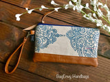 Mandala Paisley in Navy with Vegan Leather - Zippered Wristlet Clutch /  Bridesmaid Gift- Accessory Make Up Bag -