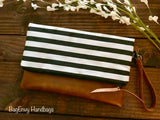 Fold Over Clutch - Skinny Black Stripe with Vegan Leather - Detachable Wristlet