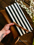 Fold Over Clutch - Skinny Black Stripe with Vegan Leather - Detachable Wristlet